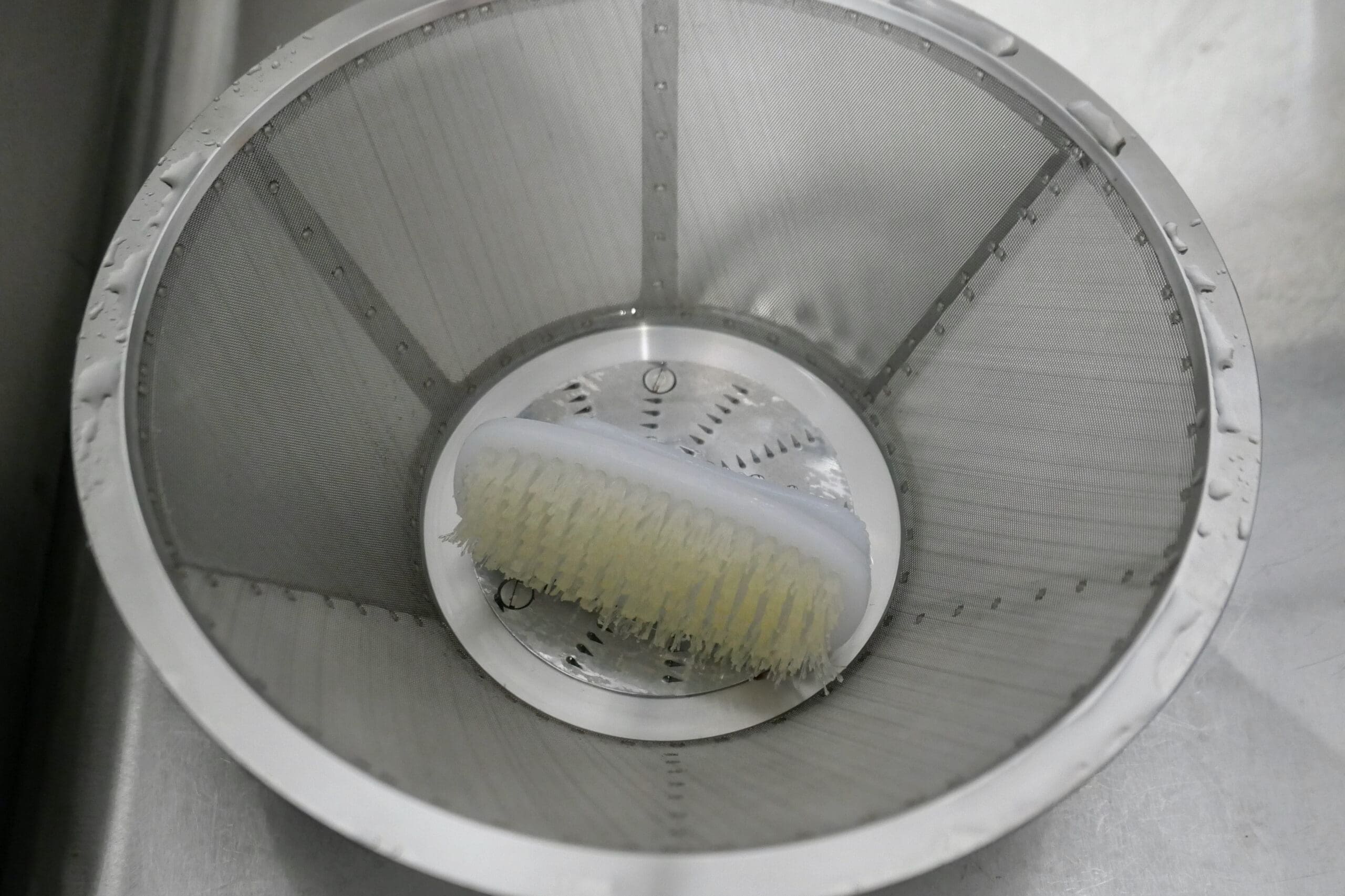 Centrifugal juicer screen with brush