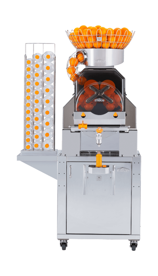 The Citrocasa 8000 SB-ATS is a commercial automated juicing equipment featuring a robust metal frame, loaded with oranges at the top and an attached feeder tube. Its transparent section reveals the efficient juicing mechanism, while the spout below dispenses fresh juice effortlessly.