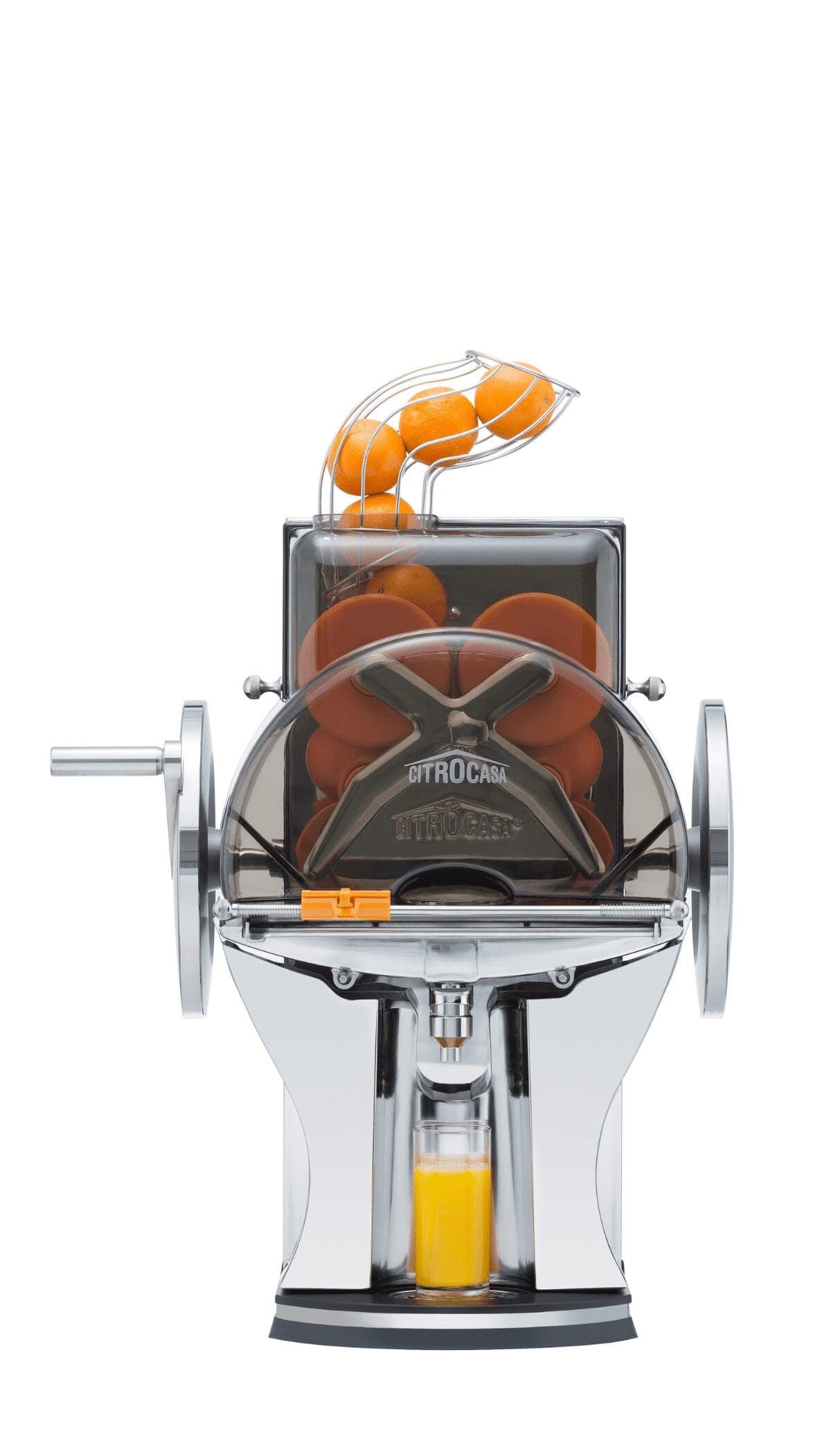 A Citrus America commercial juicer with oranges stacked on top, ready for squeezing. The transparent compartment showcases citrus being processed, and freshly squeezed juice is being collected at the bottom. The machine boasts a sleek metallic and transparent design.