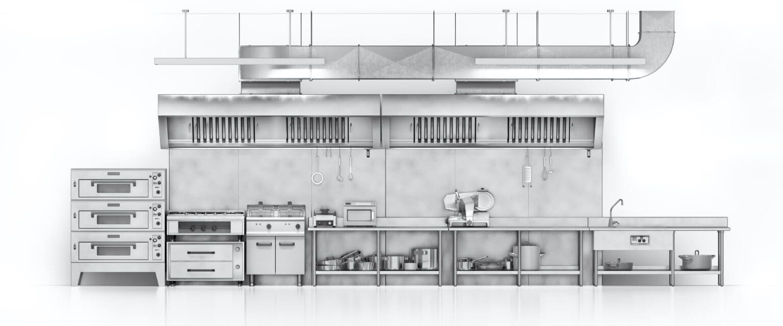 Industrial kitchen. Restaurant kitchen on a white backgrount. 3d illustration