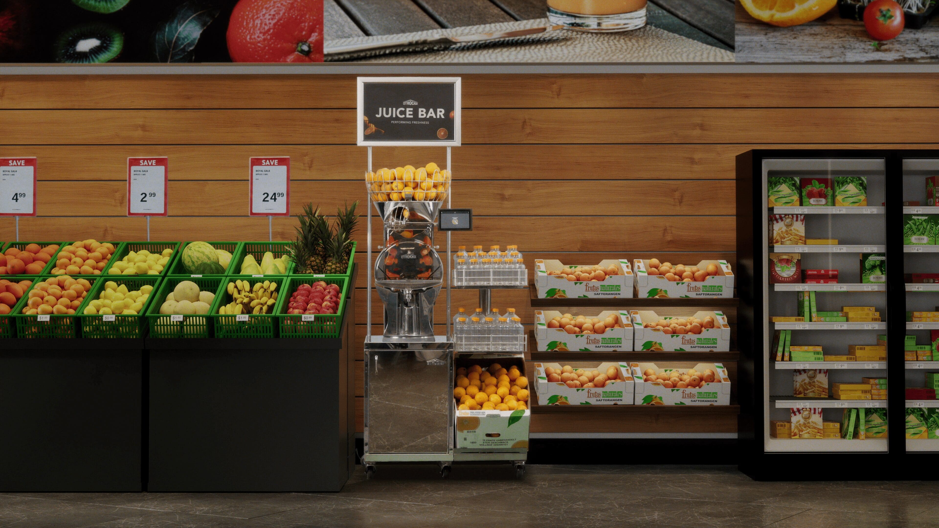 A supermarket section features a variety of fruits and vegetables in green baskets, labeled for sale. There's a "Juice Bar" with a commercial juicer by Citrus America and freshly cut citrus in the center. To the right, a refrigerated display holds pre-packaged salads and produce.