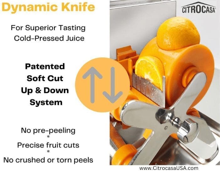 Promotional image for Citrocasa Dynamic Knife, a top-tier commercial citrus juicer. Highlights include the "Patented Soft Cut Up & Down System" for superior cold-pressed juice. It requires no pre-peeling, offers precise fruit cuts, and results in no crushed or torn peels. Includes website link.