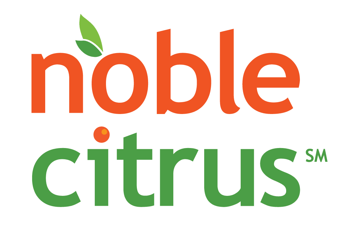 Logo with the text "noble" in orange and "citrus America" in green. A green leaf is attached to the letter "n" and a small orange dot is above the "i." The "S" and "M" in "citrus America" are superscript, emphasizing its connection to high-quality commercial juicers.
