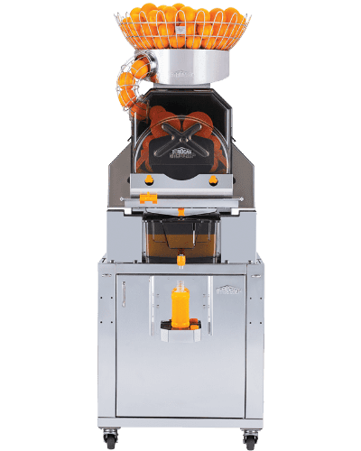 A stainless steel Citrus America commercial juicer features a clear top compartment filled with whole oranges. The machine boasts a transparent front panel revealing the juicing mechanism and a container at the bottom for holding freshly squeezed citrus juice.