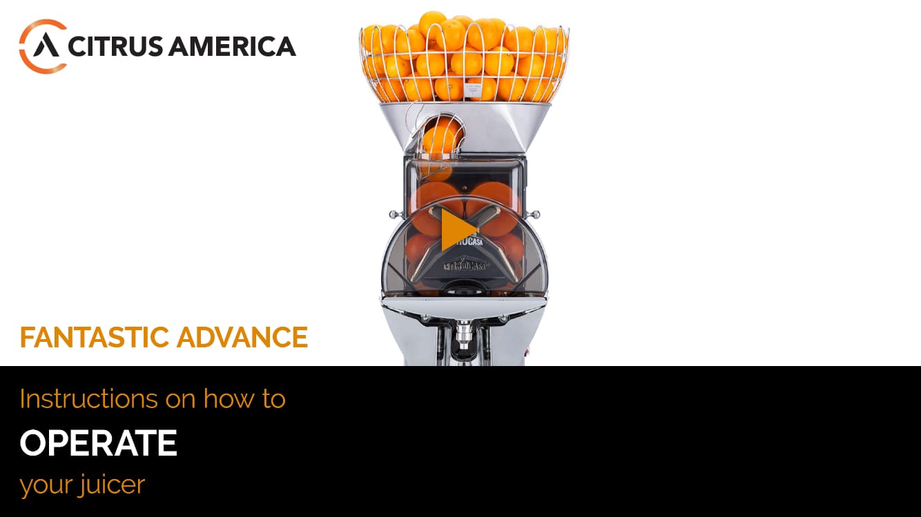 A Citrus America juicer filled with oranges. The text reads "Citrus America," "Fantastic Series," and "Instructions on how to operate your juicer" with a play button icon. The design includes a modern juicer machine prominently displayed against a white background, hinting at an engaging training video.