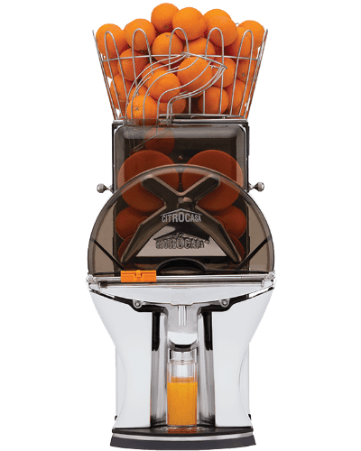 A front view of a sleek, modern stainless steel commercial juicer with a transparent container filled with whole oranges on top. Freshly squeezed juice is dispensed into a clear cup at the bottom. This Citrus America machine is designed for efficiency and style.