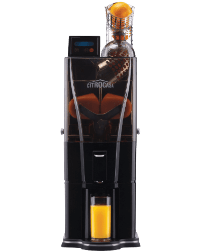 An automatic orange juicer machine labeled "Citrocasa". This sleek, black, and modern commercial juicer has visible oranges in the transparent upper section. A freshly squeezed glass of citrus juice sits in the dispensing section at the bottom, showcasing its efficiency.