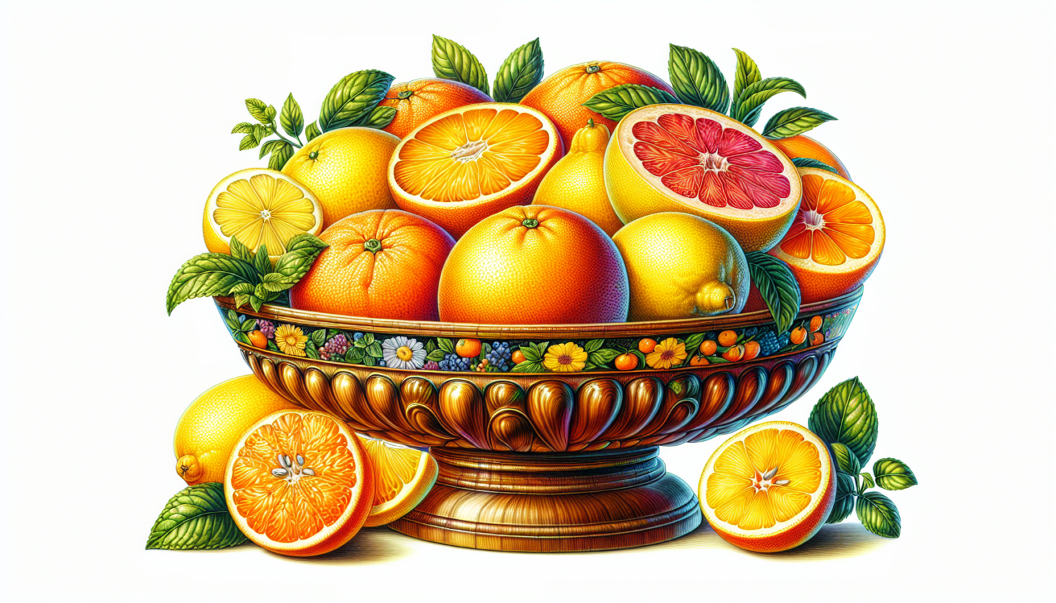 An ornate bowl brimming with assorted citrus fruits, including oranges, grapefruits, and lemons, some cut open to reveal their juicy, vibrant interiors. The assortment is adorned with green leaves, adding a fresh and colorful touch to the composition. Sorry for any confusion.