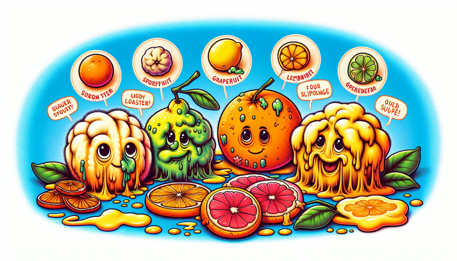 Illustration of three cute fruit-inspired characters with faces, surrounded by various fruits like grapefruit, lemon, and orange. Labels identifying different fruit types are placed above, including strawberry, lemon, grapefruit, orange, and more. The background is a vibrant blue.