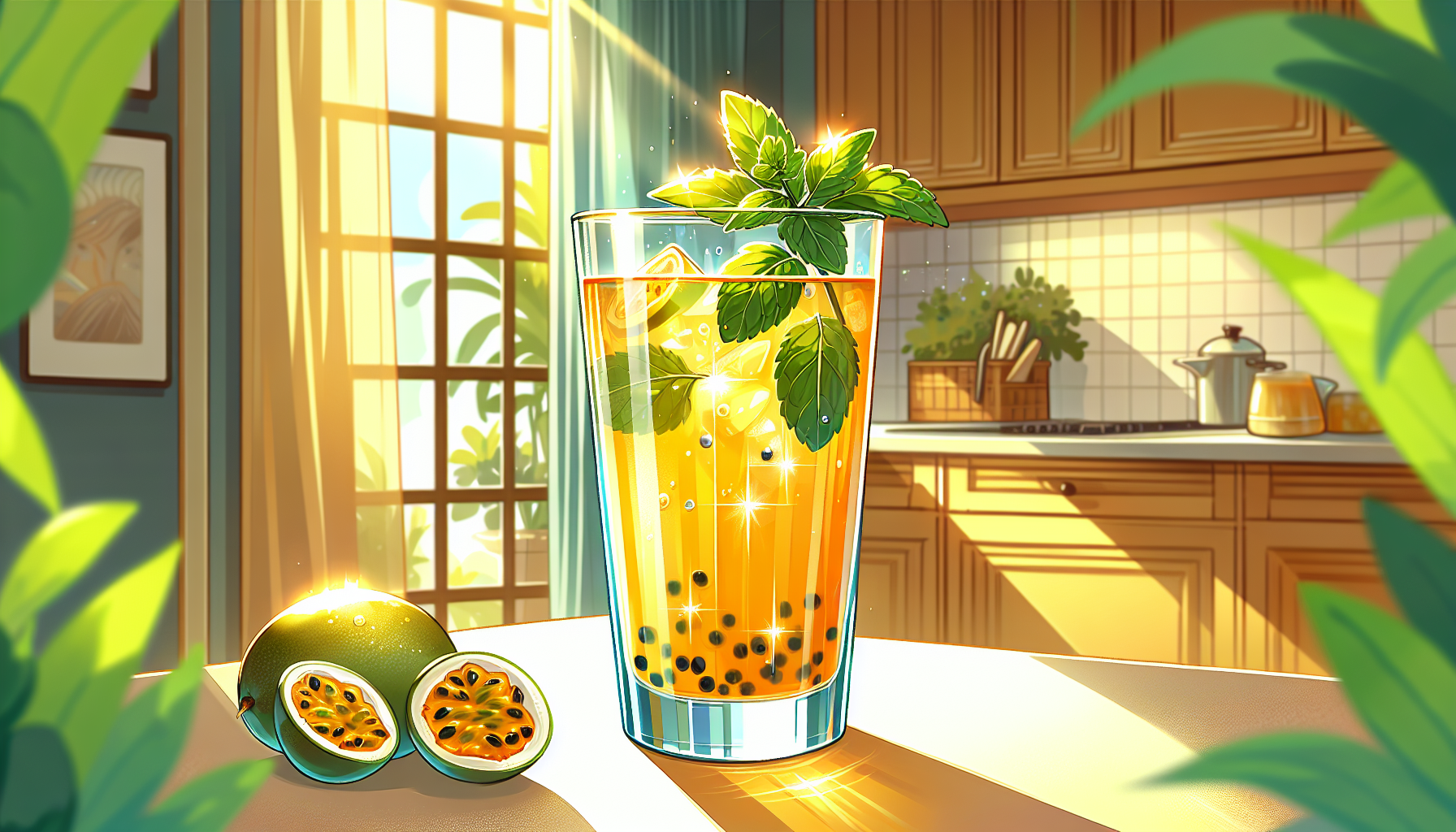 A refreshing glass of the best passion fruit juice with ice cubes, passion fruit seeds, and a garnish of mint leaves sits on a sunlit kitchen counter. Nearby, a halved passion fruit rests, displaying its vibrant pulp. Warm sunlight illuminates the cozy kitchen ambiance.