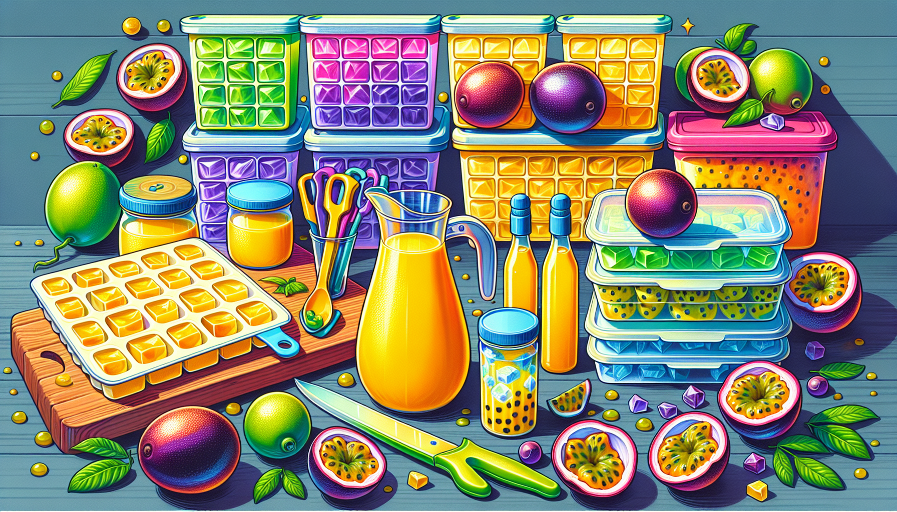 A colorful array of kitchen containers filled with vibrant passionfruit-based items, including diced passionfruit, homemade passion fruit juice, and preserved jars, are arranged on a wooden surface. Fresh passionfruit and kitchen tools like knives and scissors are scattered around.