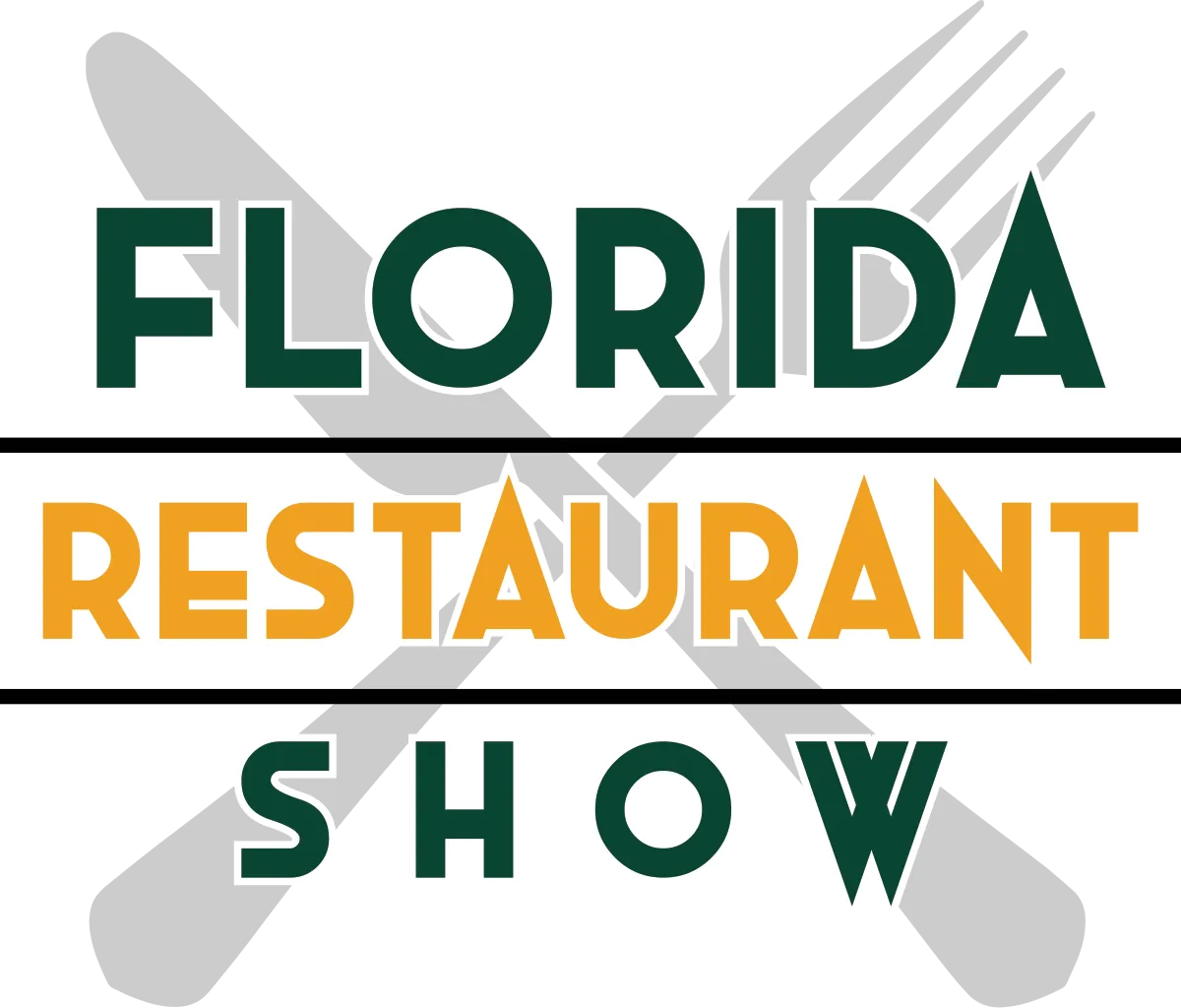 Florida-RS-Color Logo of the Florida Restaurant Show 2024 featuring the words "FLORIDA RESTAURANT SHOW" in bold green and orange letters. The background includes a fork and knife crossed in a subtle gray design.