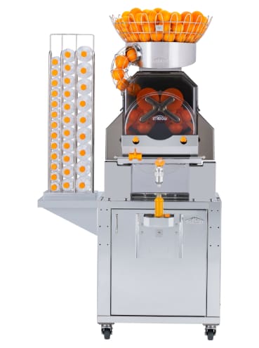 Image of a Citrocasa commercial orange juice machine with a stainless steel body, large basket holding whole oranges on top, and a visible mechanism for squeezing. This efficient product features a side stack displaying empty orange peels.