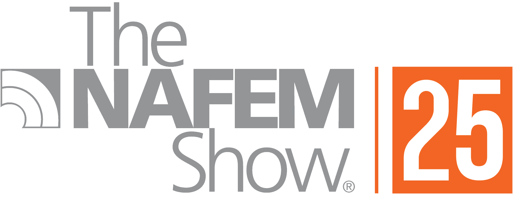 Logo for The NAFEM Show with 25 in an orange box. The text is in gray, with a semi-circular abstract design on the left.