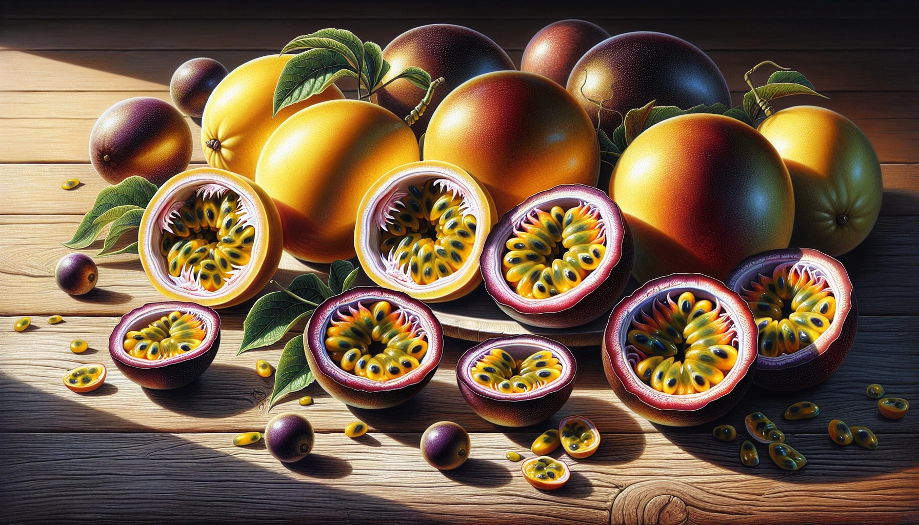 A group of whole and halved passion fruits with green leaves are arranged on a wooden surface, revealing their yellow, seed-filled pulp inside. Sunlight casts soft shadows across the vibrant fruits.