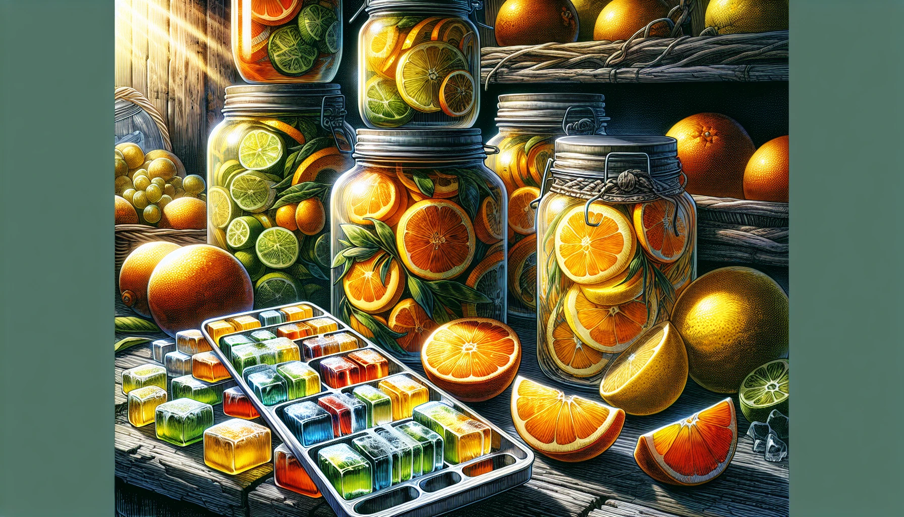 Jars filled with sliced citrus fruit, herbs, and liquid sit on a rustic wooden table. Beside them are whole oranges, limes, sliced citrus, and a tray of colorful ice cubes. Sunlight streams through the scene.