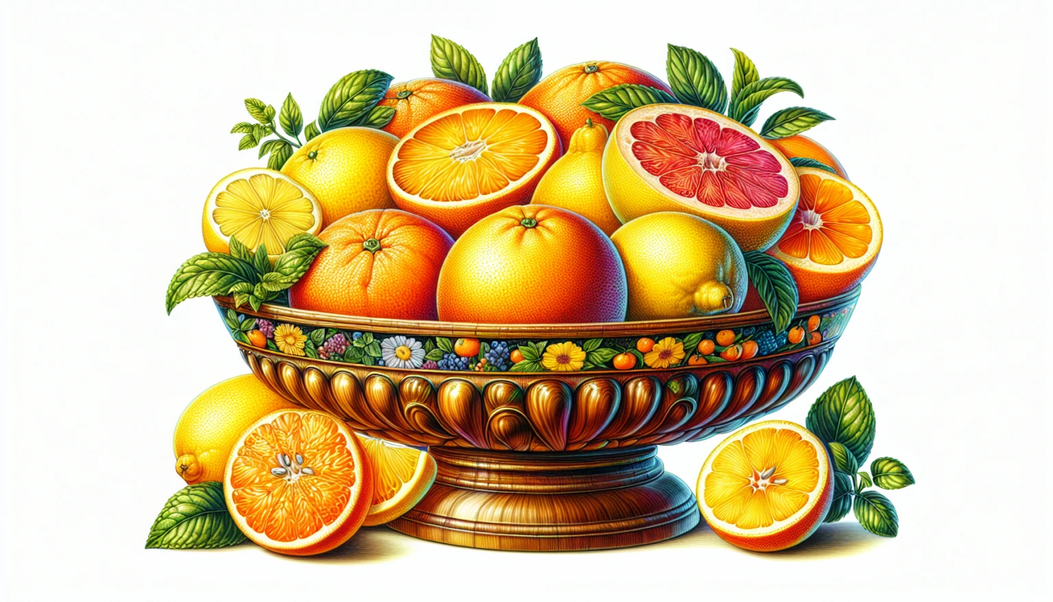 A decorative bowl filled with assorted citrus fruits, including oranges, grapefruits, lemons, and limes, some of which are cut open to reveal their colorful interiors. Green leaves accent the vibrant arrangement.