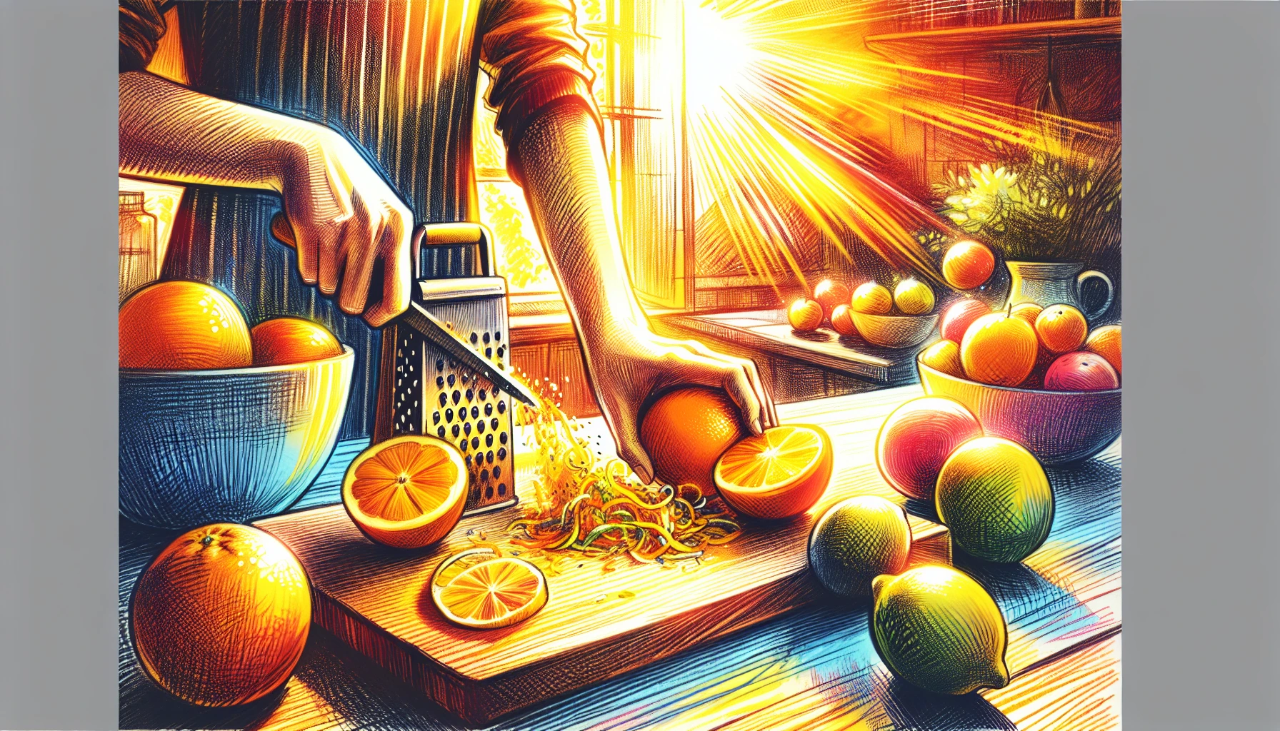 A person grates the peel of an orange on a kitchen counter filled with colorful citrus fruits as sunlight streams through a window, creating a bright, vibrant atmosphere.