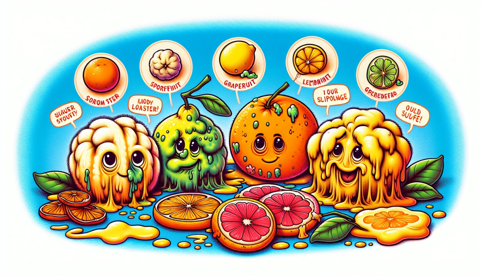 Three cute, cartoonish, melting fruit characters—orange, lime, and grapefruit—smiling amid juicy fruit slices, with labels naming quirky, pun-filled flavors above them on a bright blue background.
