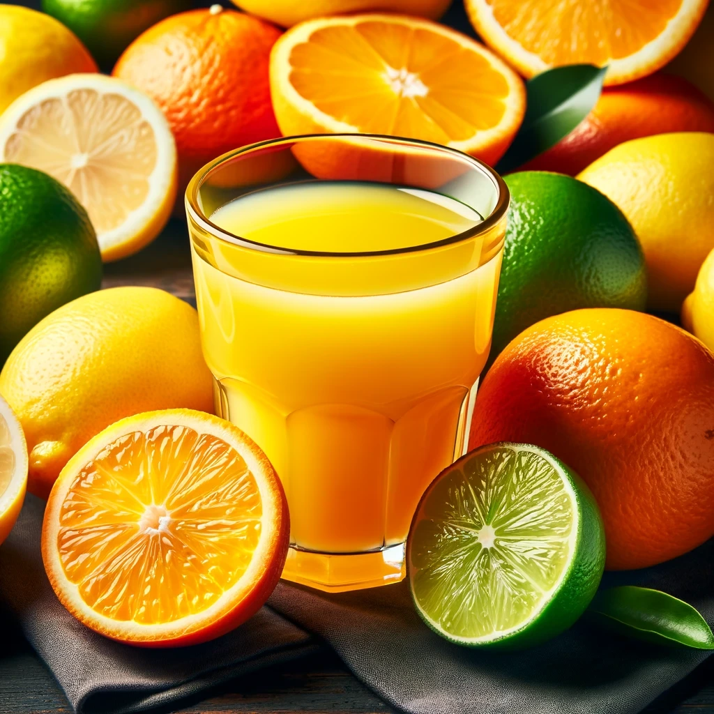 A glass of orange juice is surrounded by whole and sliced oranges, lemons, and limes, creating a colorful and refreshing fruit arrangement on a dark surface.