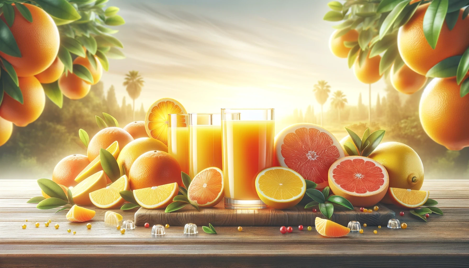 Glasses of fresh orange juice surrounded by whole and sliced oranges, lemons, and grapefruits on a rustic wooden table, with citrus trees and a sunny landscape in the background.