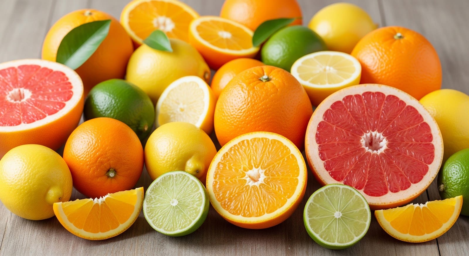 A variety of citrus fruits, including oranges, lemons, limes, and grapefruits—perfect for a commercial citrus juicer—are arranged on a wooden surface. Some fruits are whole or sliced, with green leaves still attached.