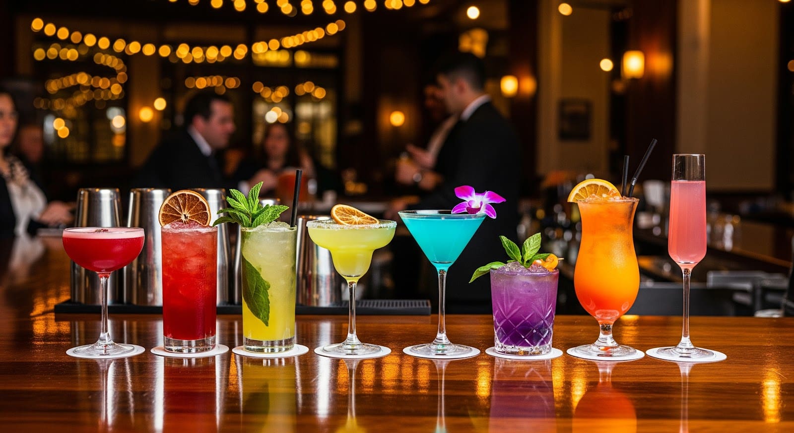 A row of signature cocktails in various glasses, garnished with fruit, herbs, and flowers, sits on a wooden bar, with a warmly lit restaurant and people in the blurred background.