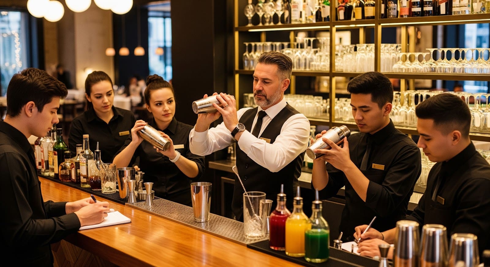 A bartender instructs four trainees on how to use cocktail shakers to craft signature cocktails behind a bar lined with bottles, glasses, and colorful syrups, while another person takes notes at the counter.