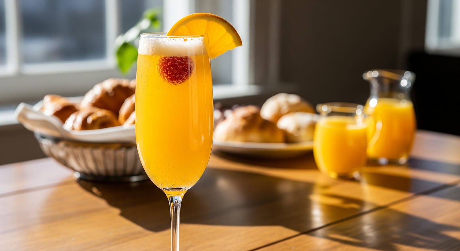 A glass of orange mimosa, one of our signature cocktails, with a raspberry and orange slice garnish sits on a wooden table, accompanied by a basket of pastries and a pitcher and glass of orange juice. Sunlight streams through the window.