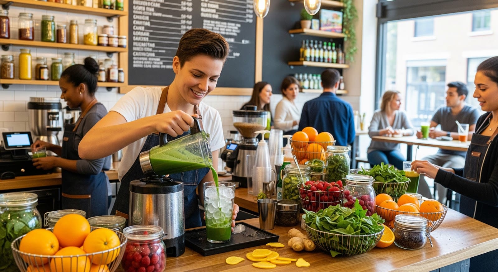 A person pours a green smoothie into a glass at a lively café, surrounded by fresh fruits, greens, and a commercial citrus juicer. Other staff and customers are visible in the background, enjoying conversations and drinks.