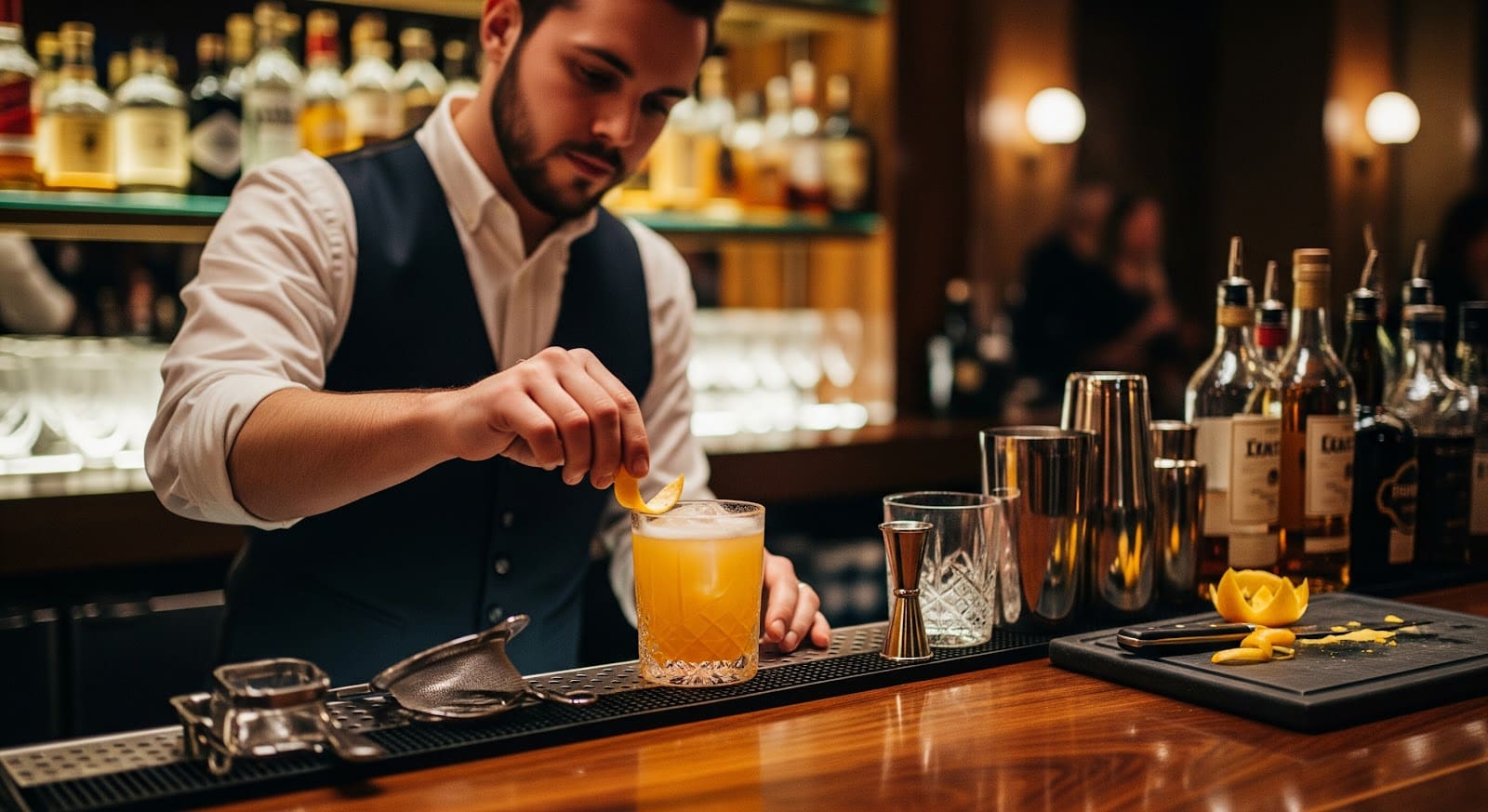 A bartender in a vest garnishes a cocktail with a twist of citrus peel at a dimly lit bar, surrounded by bottles, shakers, and a citrus juicer among the bar tools on the counter.
