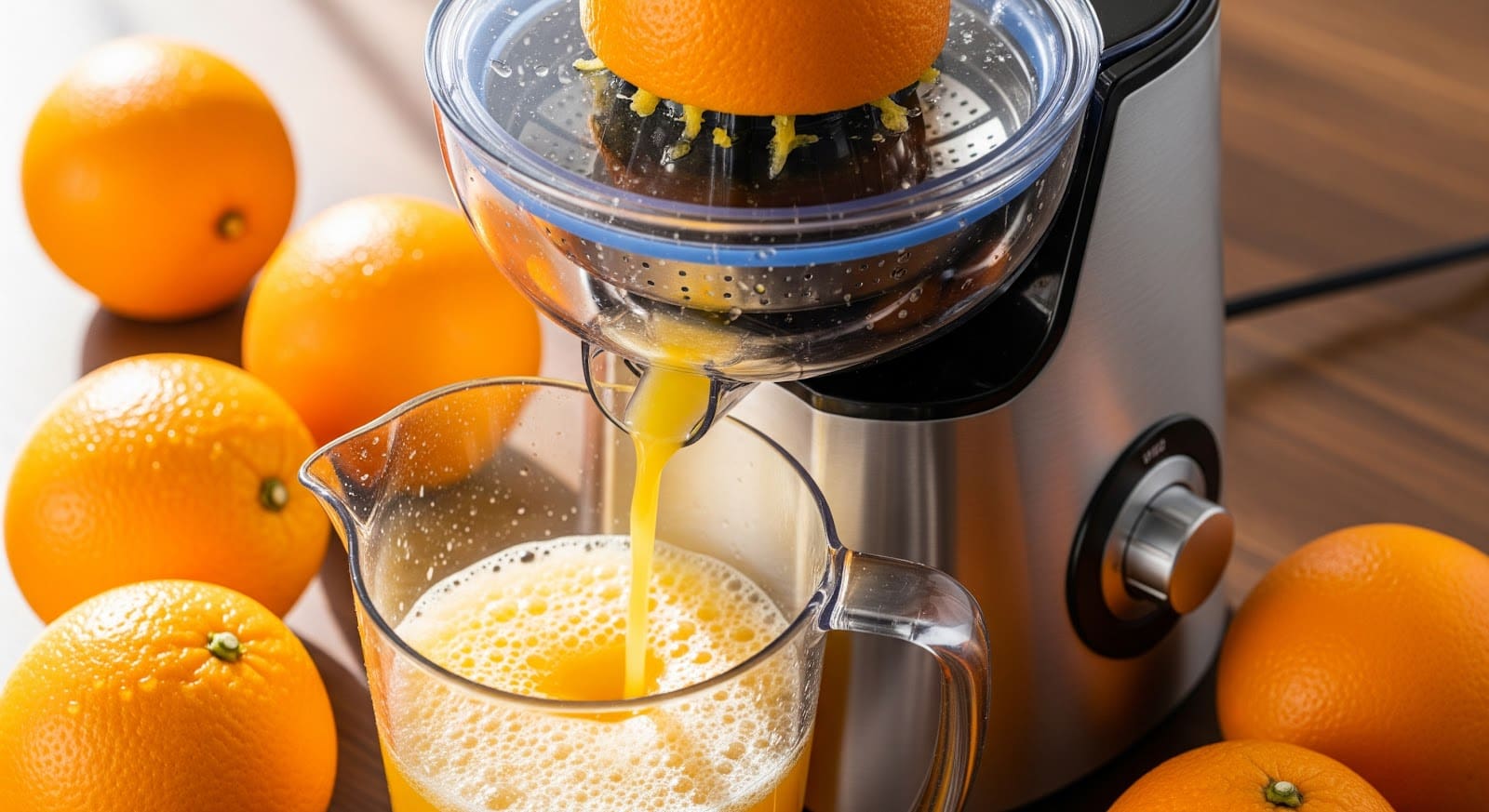 A modern commercial citrus juicer squeezes fresh orange juice into a glass pitcher, surrounded by whole oranges on a wooden surface.