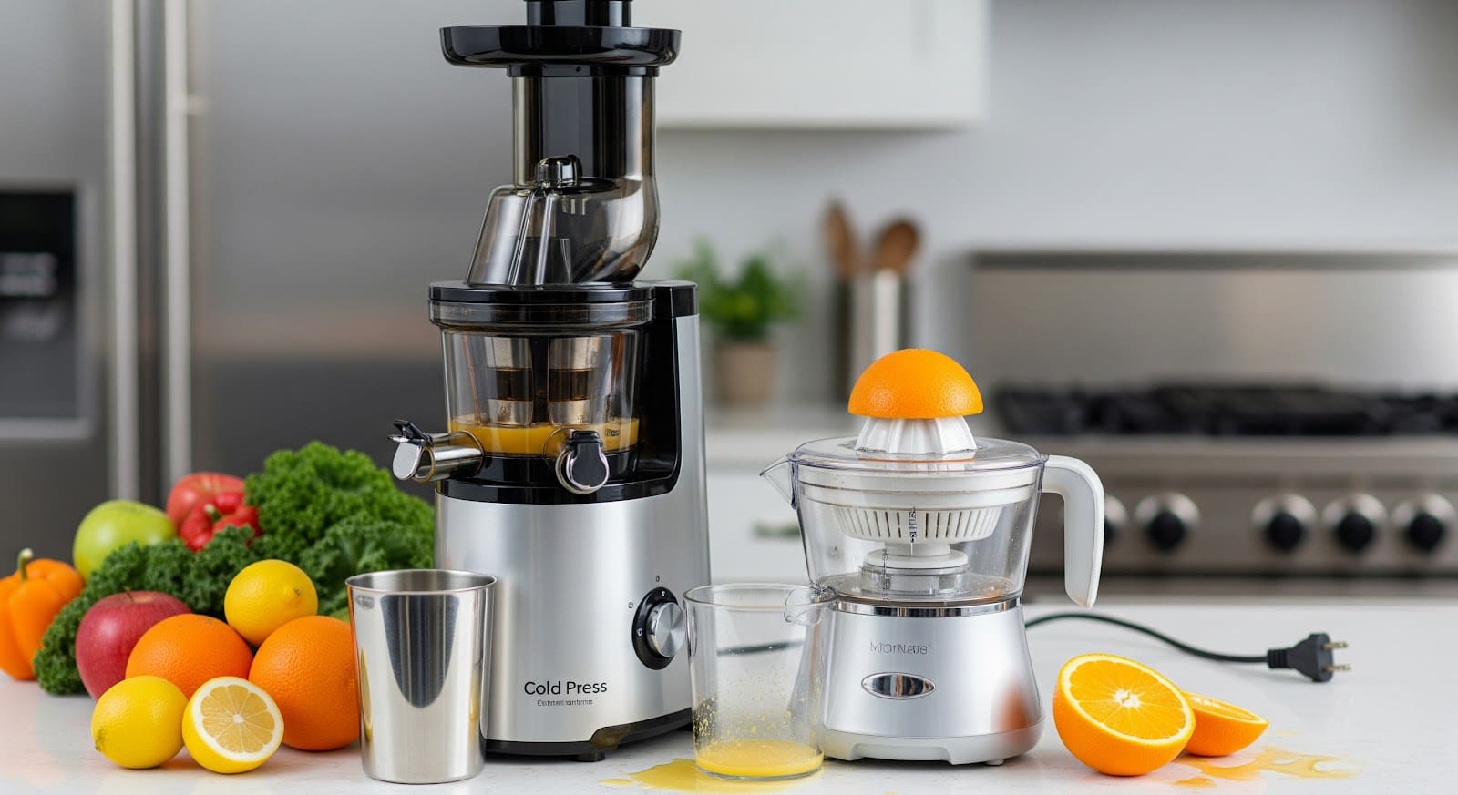 Two juicers sit on a kitchen counter: a cold press juicer with a metal cup and a commercial citrus juicer holding half an orange. Fresh fruits, leafy greens, and juice glasses complete the scene, set against a modern stove backdrop.