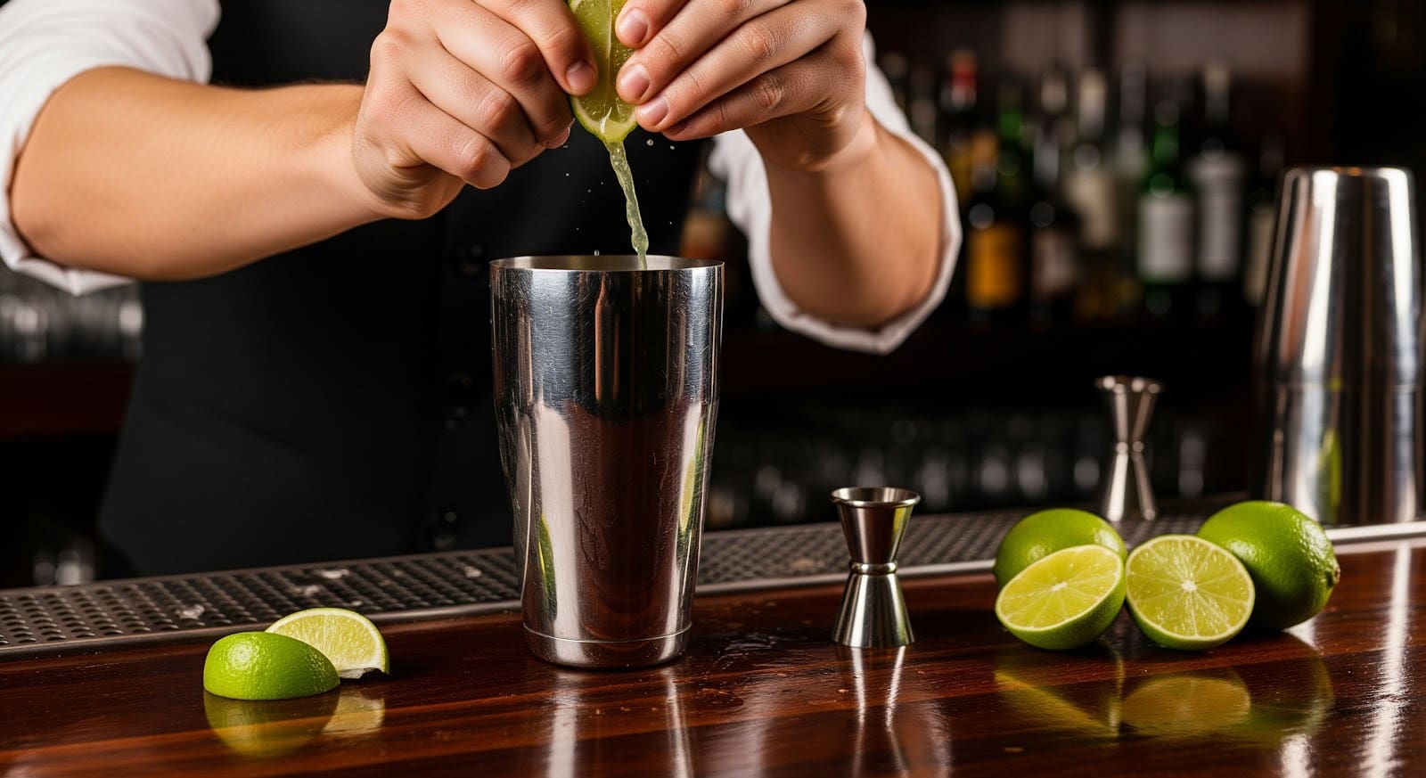 A bartender squeezes a lime over a metal cocktail shaker on a bar, crafting signature cocktails amid halved and whole limes and measuring jiggers on the wooden countertop.
