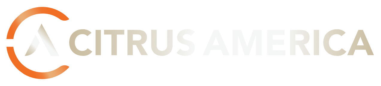 Logo with an orange and white circular design on the left, followed by the words CITRUS AMERICA in gradient letters that fade from gray to white—representing our reliable citrus juicers trusted in commercial settings.