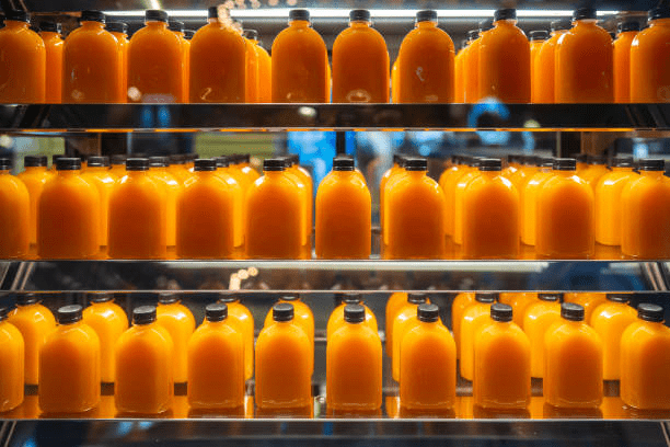 Shelves filled with rows of identical orange juice bottles, freshly made from a commercial citrus juicer, with black caps, brightly lit and neatly arranged in a refrigerated display case.
