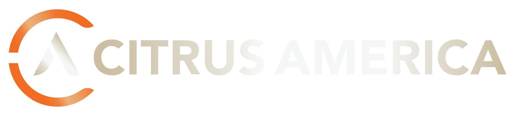 Logo with a stylized orange C and a triangular shape inside it, followed by the words CITRUS AMERICA in a gradient from bold gray to light beige, fading toward the right.