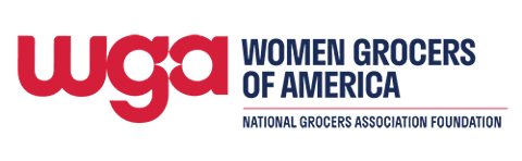 Logo featuring large red letters wga next to blue text reading Women Grocers of America. Below, smaller blue text reads National Grocers Association Foundation (NGA) with a red underline.