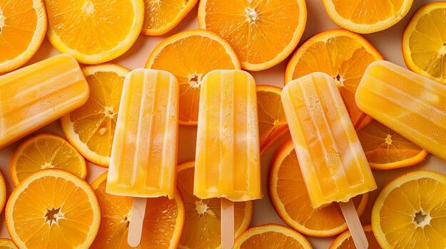 Homemade orange creamsicle popsicles arranged over fresh orange slices.